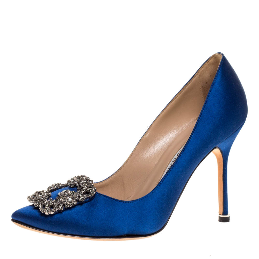 manolo blahnik blue satin heels