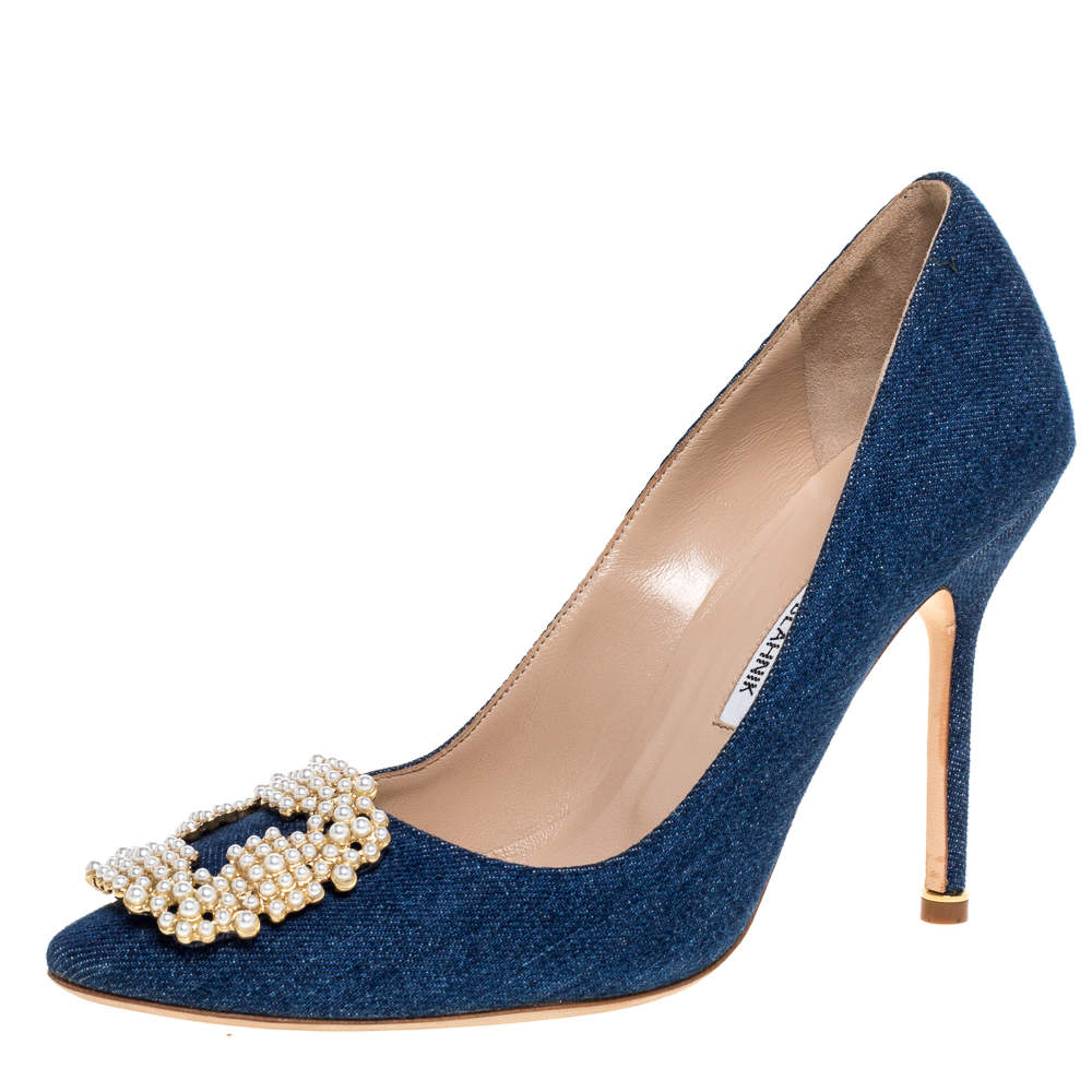 Pre Owned Manolo Blahnik Blue Denim Fabric Hangisi Pearl Embellished Pumps Size 39