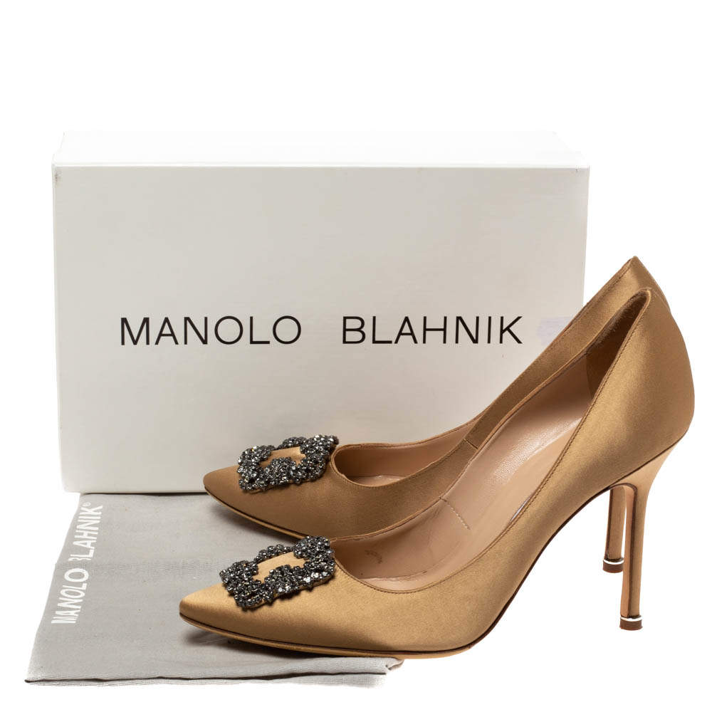 Manolo Blahnik Metallic Gold Satin Hangisi Crystal Embellished Pumps Size  40.5