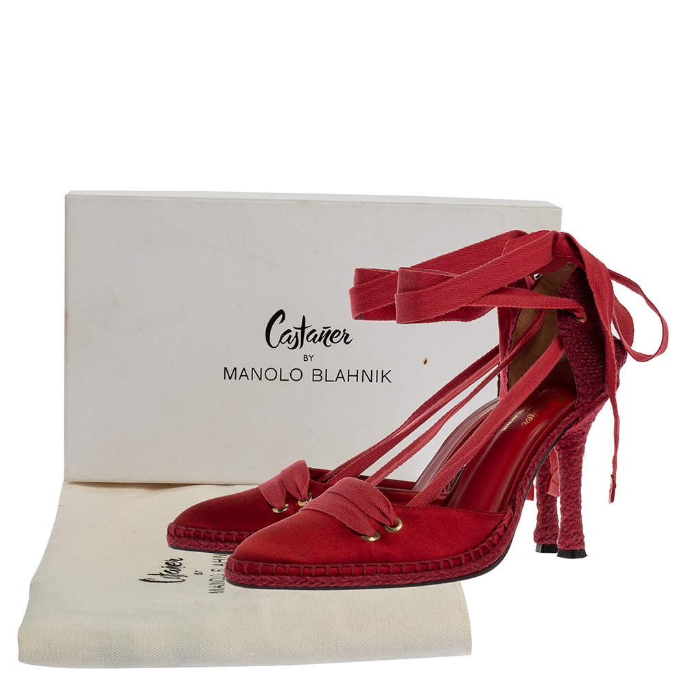 Pre Owned Castaner By Manolo Blahnik Red Satin And Canvas Espadrille Pointed Toe Ankle Tie Sandals Size 39