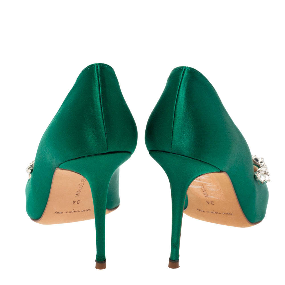 Manolo Blahnik Emerald Green Nadira Crystal Embellished Pointed Toe Pumps Size 34 Blahnik |