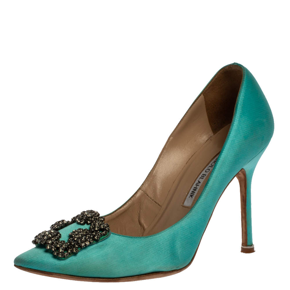Pre Owned حذاء كعب عالى مانولو بلانيك كريستال هانغيسى ساتان أزرق مقاس 38.5