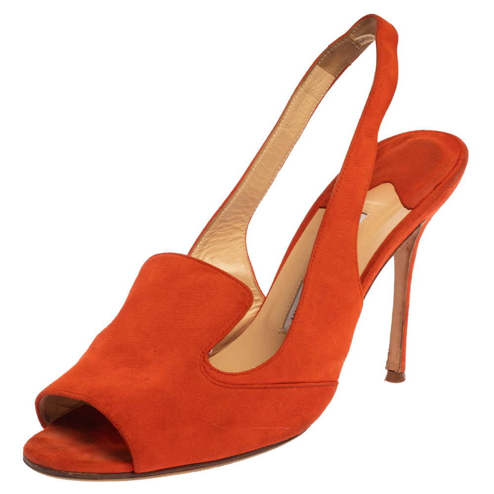 Pre Owned Manolo Blahnik Orange Suede Slingback Sandals Size 39