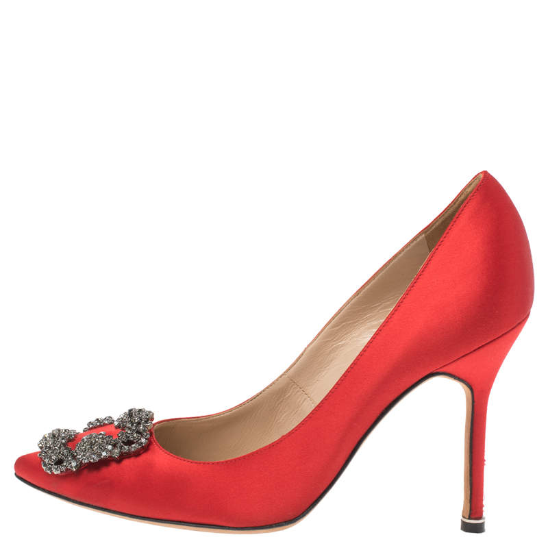 Pre Owned Manolo Blahnik Red Satin Hangisi Crystal Embellished Pointed Toe Pumps Size 38