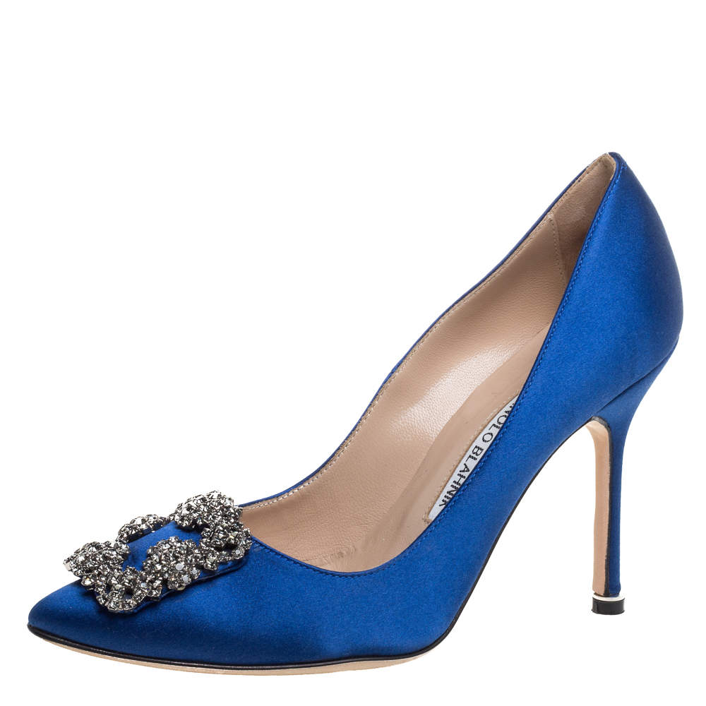 Pre Owned Manolo Blahnik Blue Satin Hangisi  Pumps Size 36.5