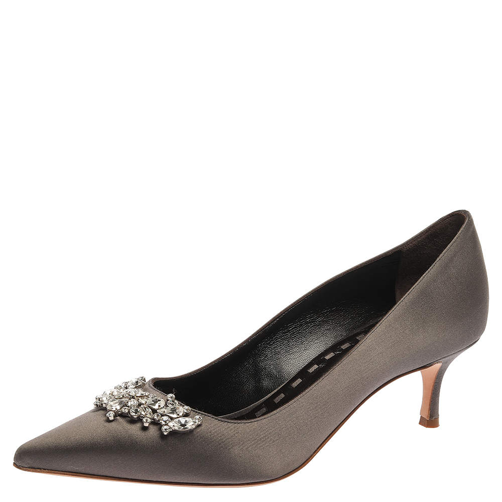 Pre Owned Manolo Blahnik Grey Satin Crystal Embellished Pumps Size 40