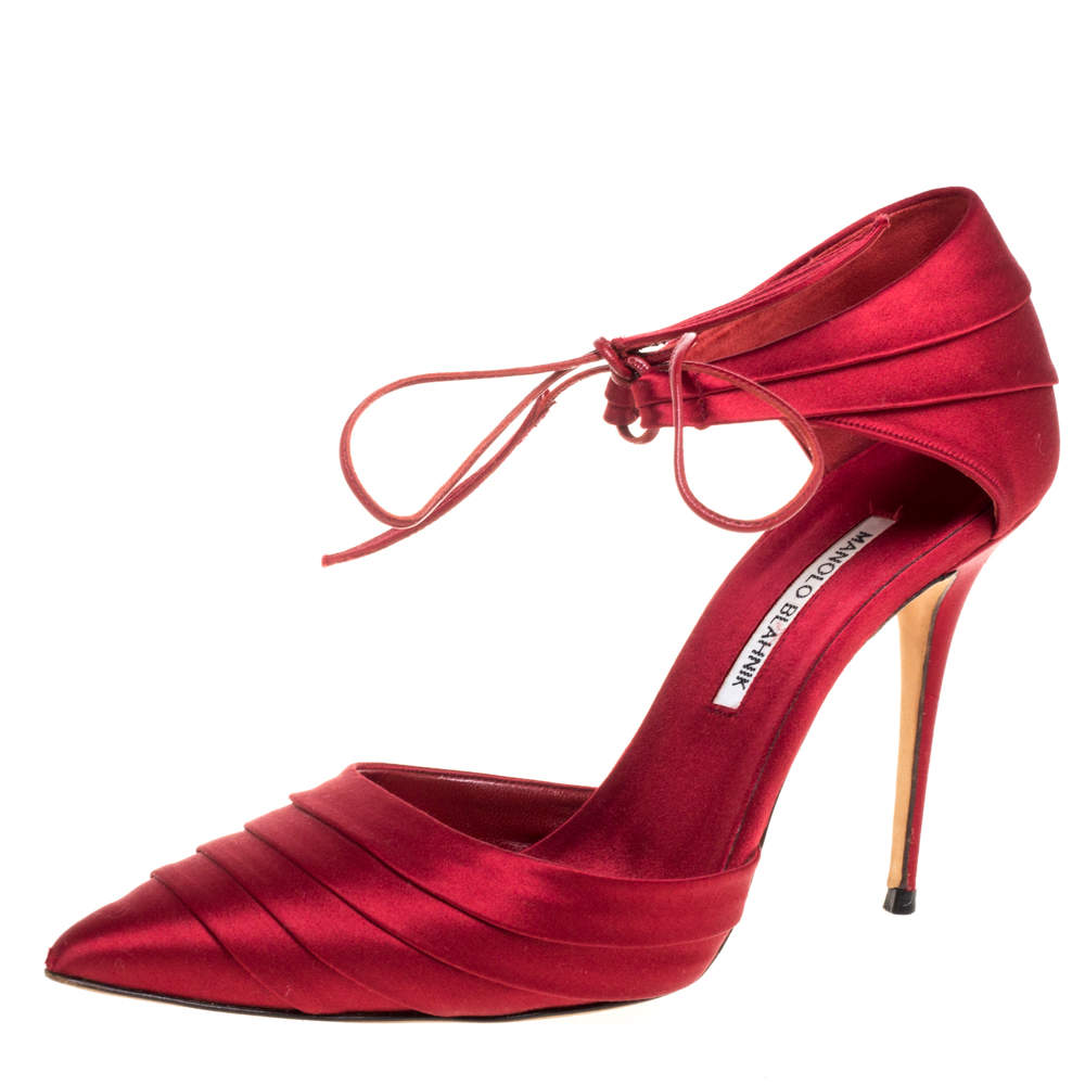 Manolo Blahnik Red Satin Reya Pleated Pointed Toe Ankle Wrap Pumps 39.5