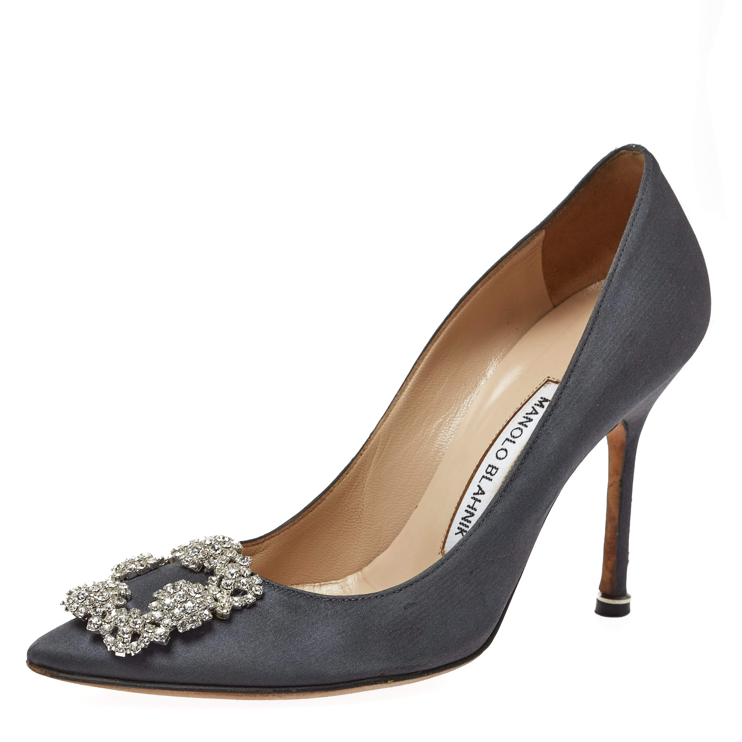 Pre Owned Manolo Blahnik Dark Grey Satin Hangisi Pumps Size 36
