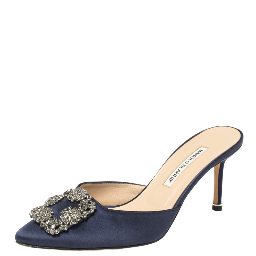 Manolo Blahnik Navy Blue Satin Hangisi Pointed Toe Mules Size 38.5
