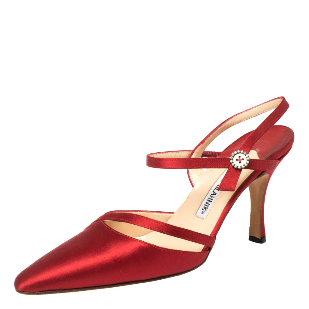 Manolo Blahnik Red Satin Ankle Strap Sandals Size 37