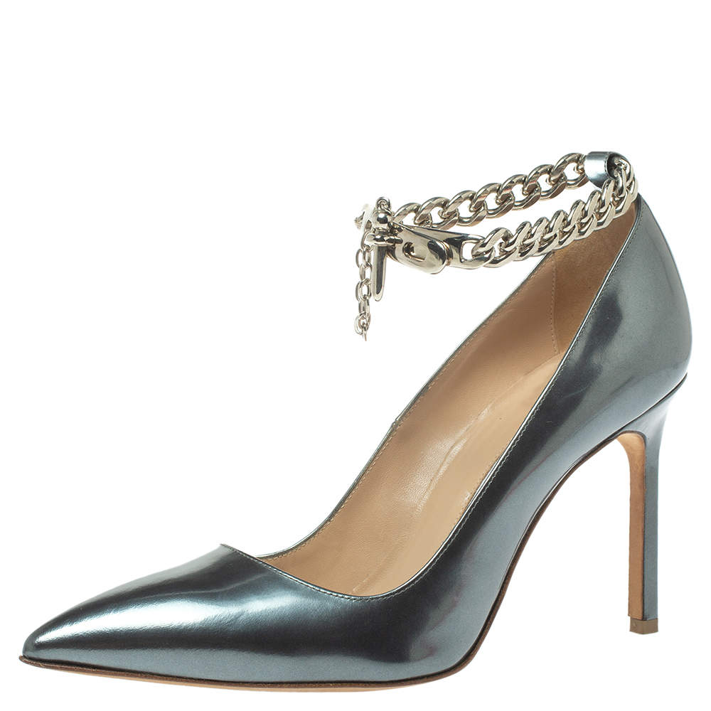 Pre Owned Manolo Blahnik Grey Metallic Leather Chain Link Pointed Toe Pumps Size 37