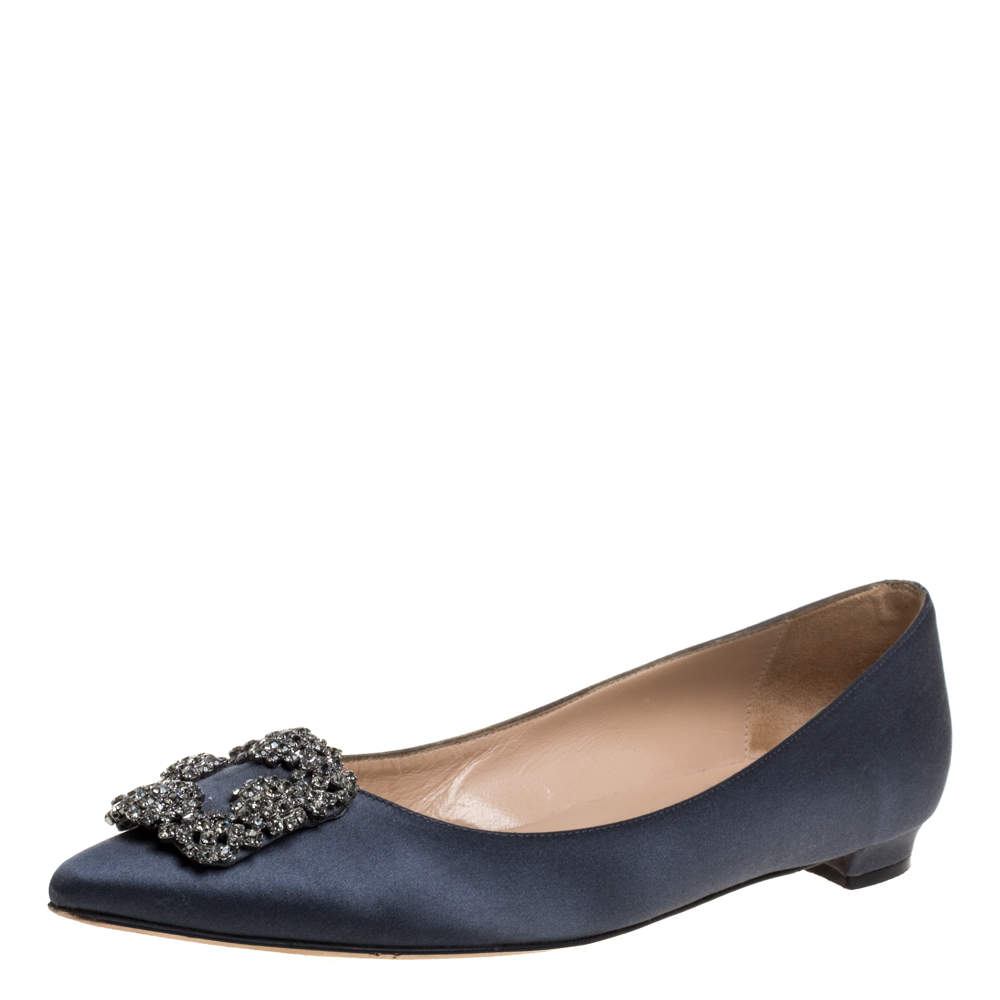 Pre Owned Manolo Blahnik Grey Satin Hangisi Embellished Ballet Flats Size 39.5