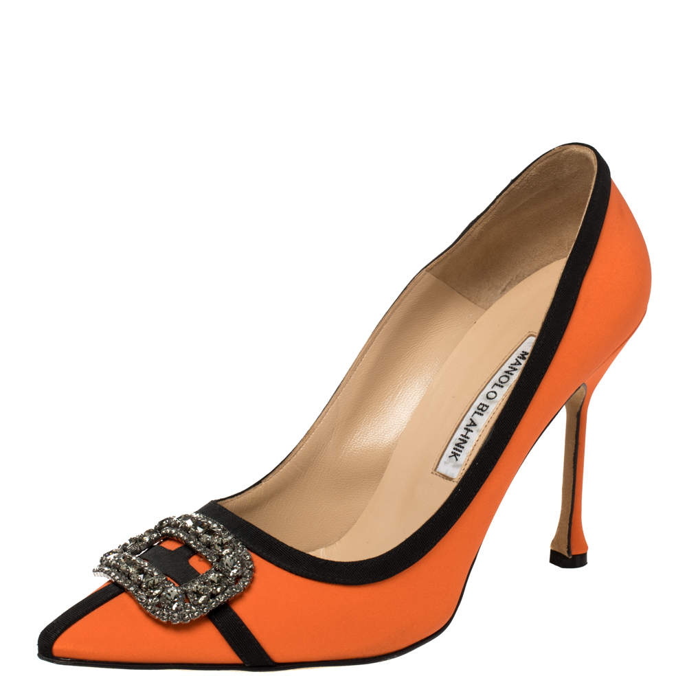 Pre Owned Manolo Blahnik Orange Satin Gotrian Crystal Embellished Pumps Size 40