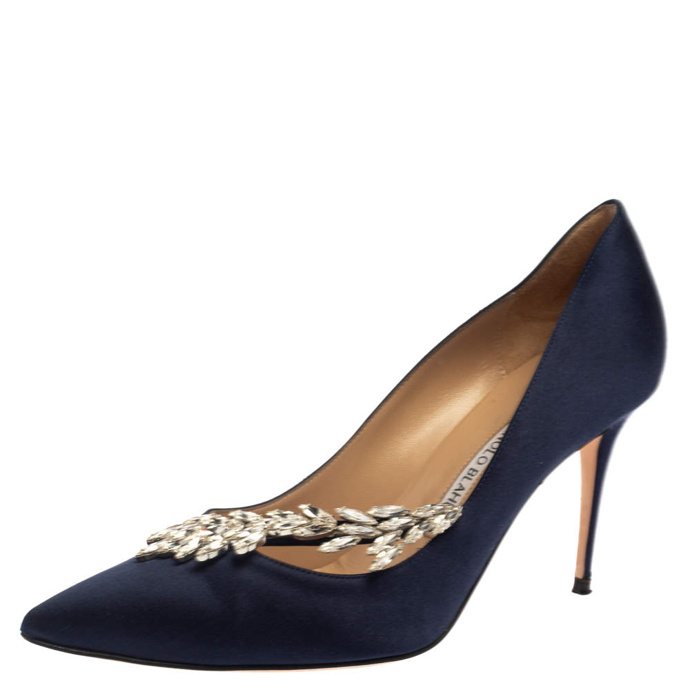 Pre Owned Manolo Blahnik Dark Blue Satin Nadira Pumps Size 39