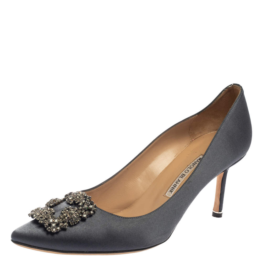 Pre Owned Manolo Blahnik Dark Grey Satin Hangisi Crystal Embellished Pointed Toe Pumps Size 41