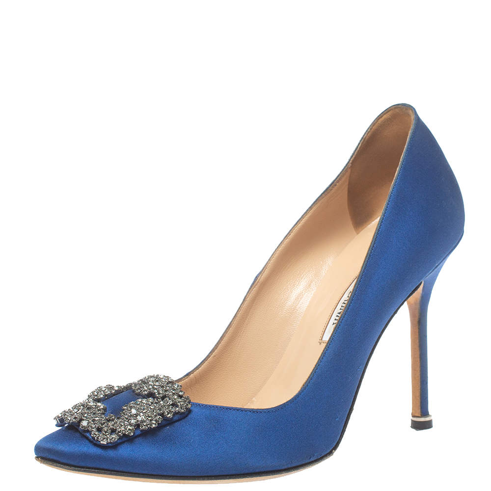 Pre Owned Manolo Blahnik Blue Satin Hangisi  Pumps Size 38.5