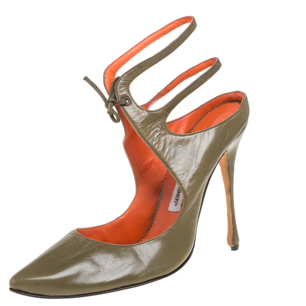 Manolo  Blahnik Olive Green Ankle Strap Sandals Size 39.5