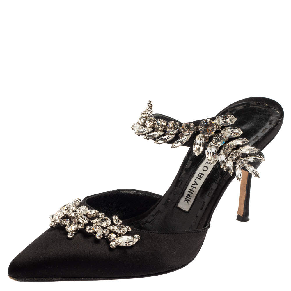Pre Owned Manolo Blahnik Black Satin Crystal Embellished Mule Sandals Size 36