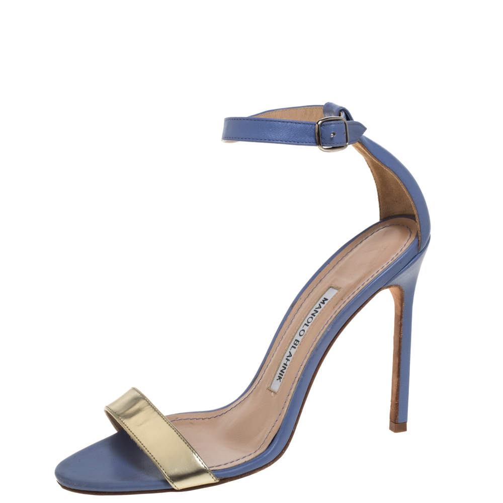 Pre Owned Manolo Blahnik Blue/Gold Leather Ankle Strap Sandals Size 37