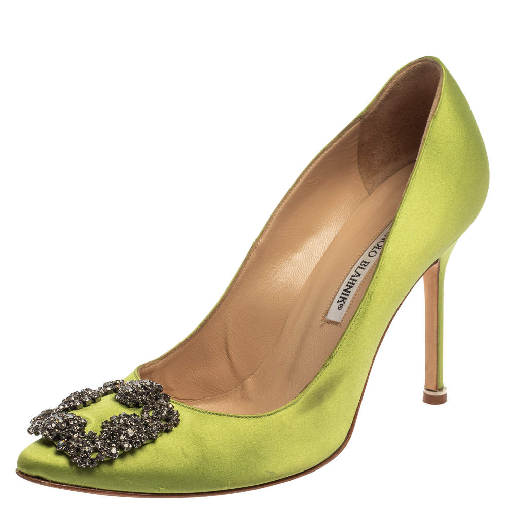 Pre Owned Manolo Blahnik Green Satin Hangisi  Pumps Size 39.5