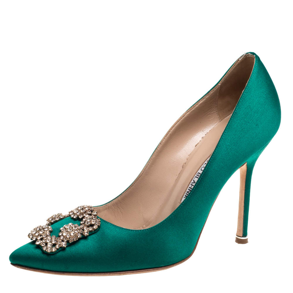 Pre Owned Manolo Blahnik Green Satin Hangisi Crystal Embellished Pumps Size 39