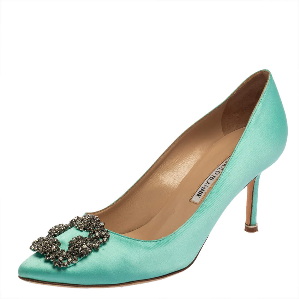 مملوكة مسبقًا Manolo Blahnik Green Satin Hangisi Embellished Pointed Toe Pumps Size 39