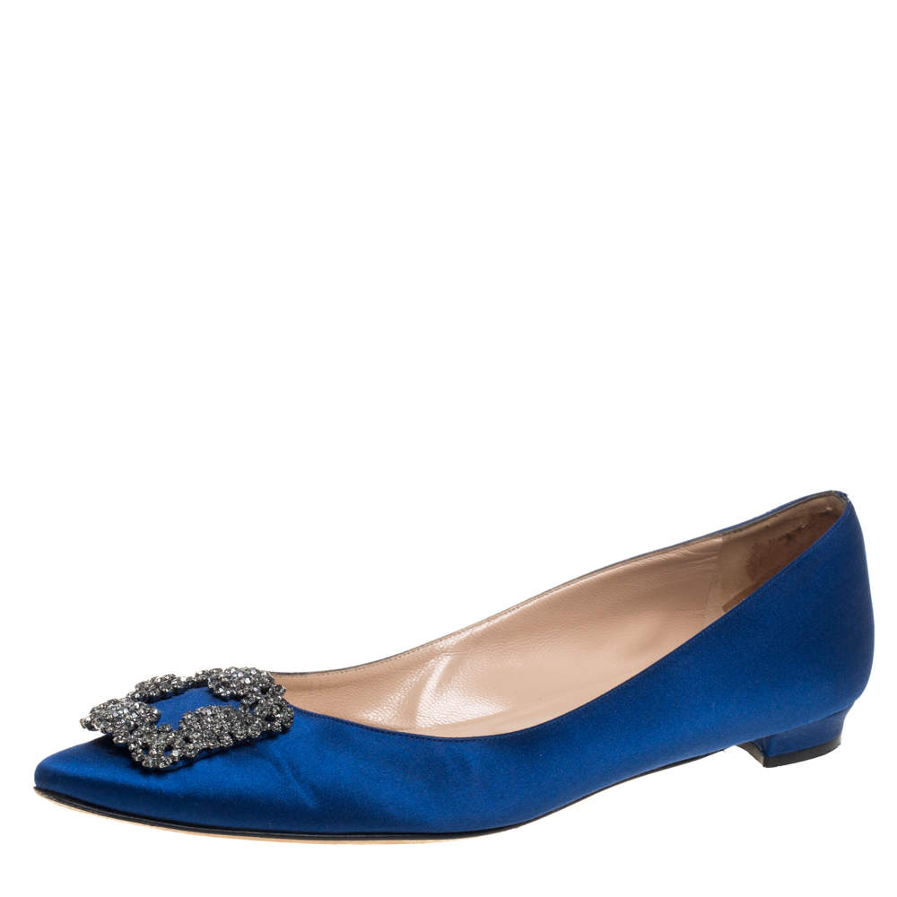 Pre Owned Manolo Blahnik Blue Satin Hangisi Embellished Ballet Flats Size 40.5