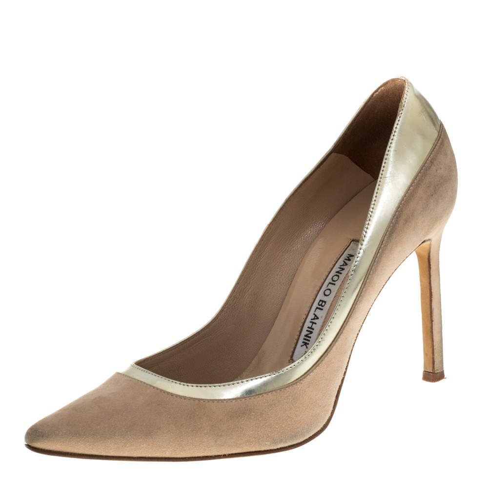 Pre Owned Manolo Blahnik Beige Suede and Leather Pointed Toe Pumps Size 36