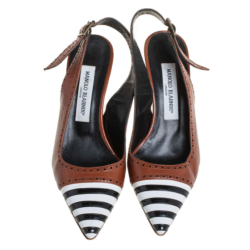Pre Owned Manolo Blahnik Tricolor Patent And Leather Pointed Toe Sandals Size 37.5