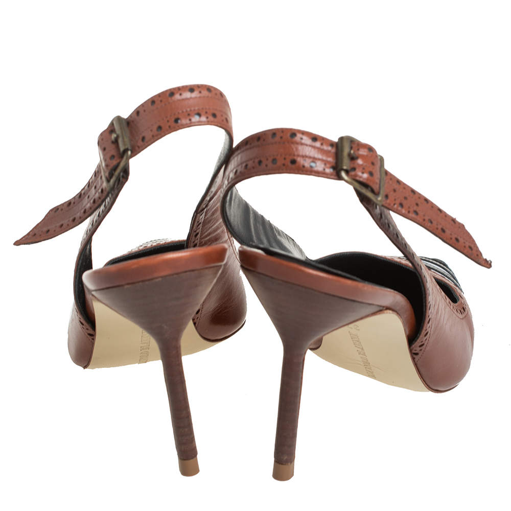 Pre Owned Manolo Blahnik Tricolor Patent And Leather Pointed Toe Sandals Size 37.5