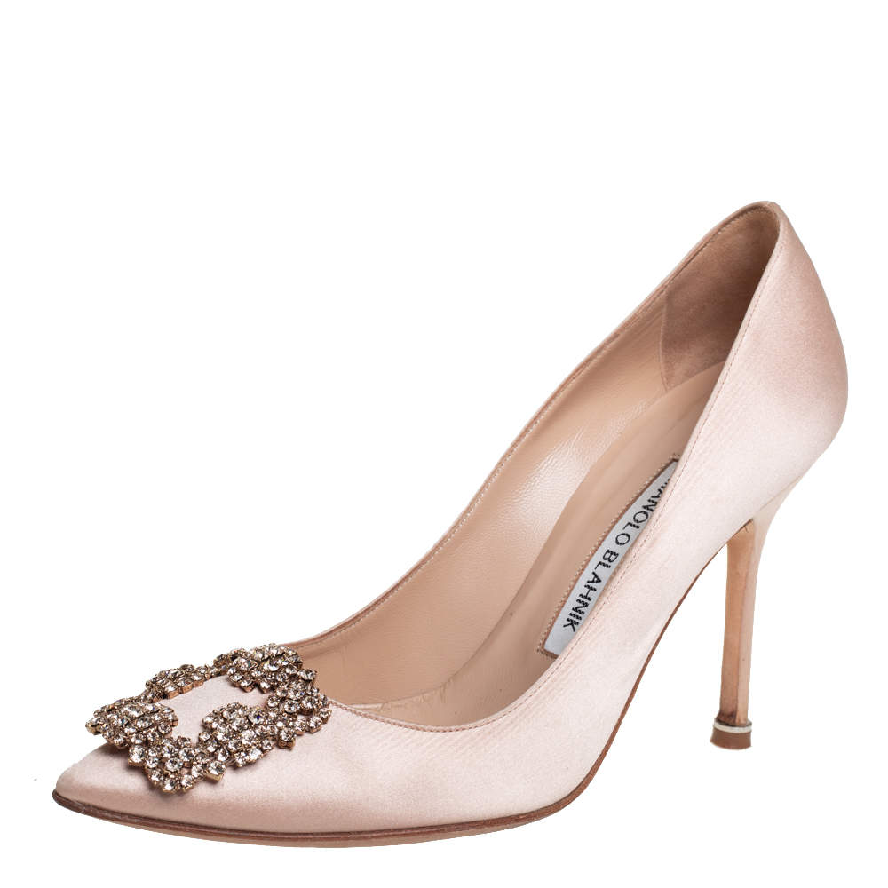 Pre Owned Manolo Blahnik Beige Satin Hangisi Embellished Pointed Toe Pumps Size 36.5