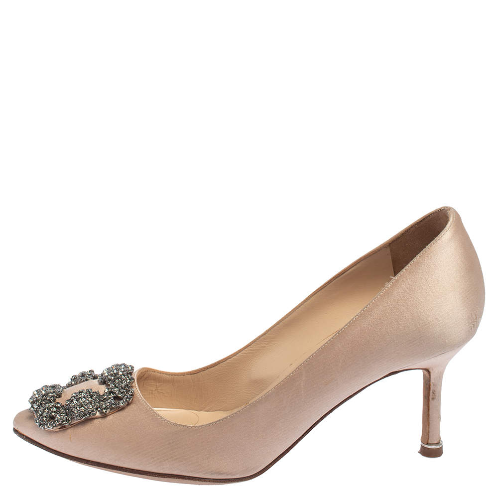 Manolo Blahnik Nude Pink Satin Embellished Hangisi Pumps Size 35.5