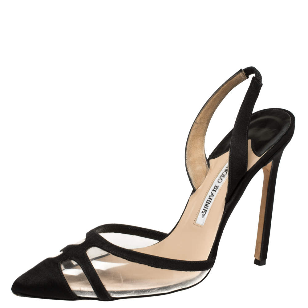 Pre Owned Manolo Blahnik Black Satin and PVC Slingback Gotrianc Sandals Size 38
