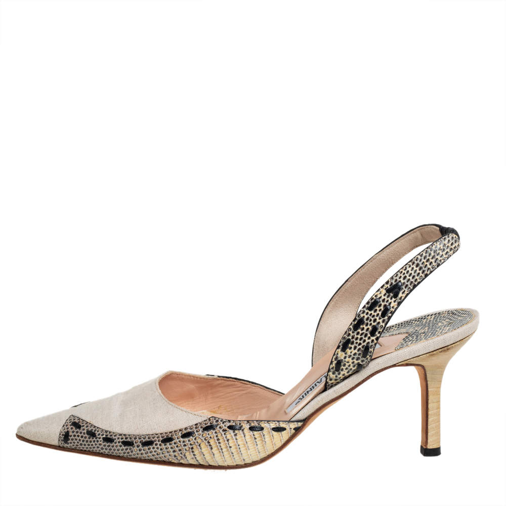 Pre Owned Manolo Blahnik Beige Fabric And Snake Leather Slingback Pumps Size 38