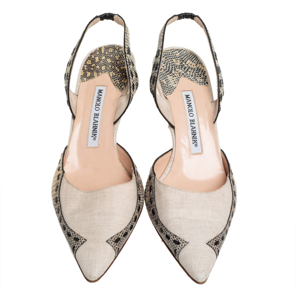 Pre Owned Manolo Blahnik Beige Fabric And Snake Leather Slingback Pumps Size 38