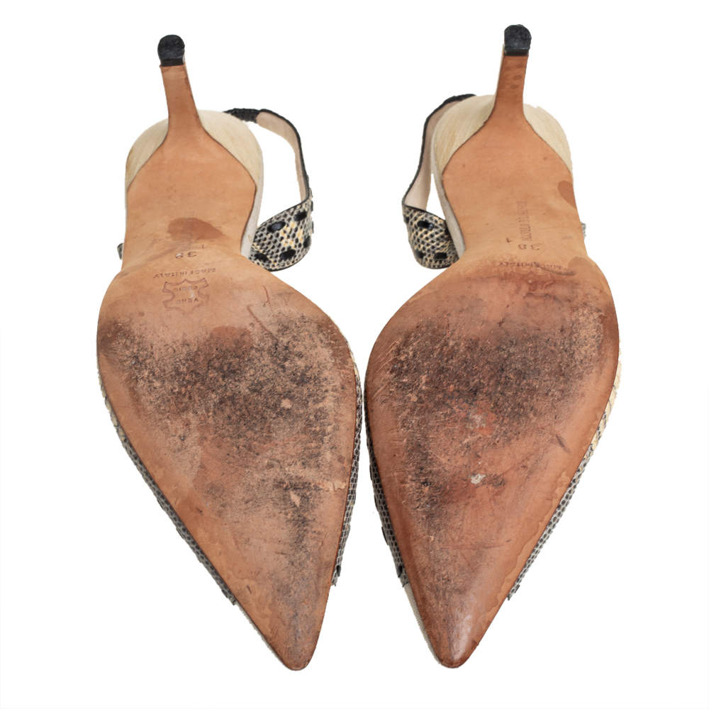 Pre Owned Manolo Blahnik Beige Fabric And Snake Leather Slingback Pumps Size 38