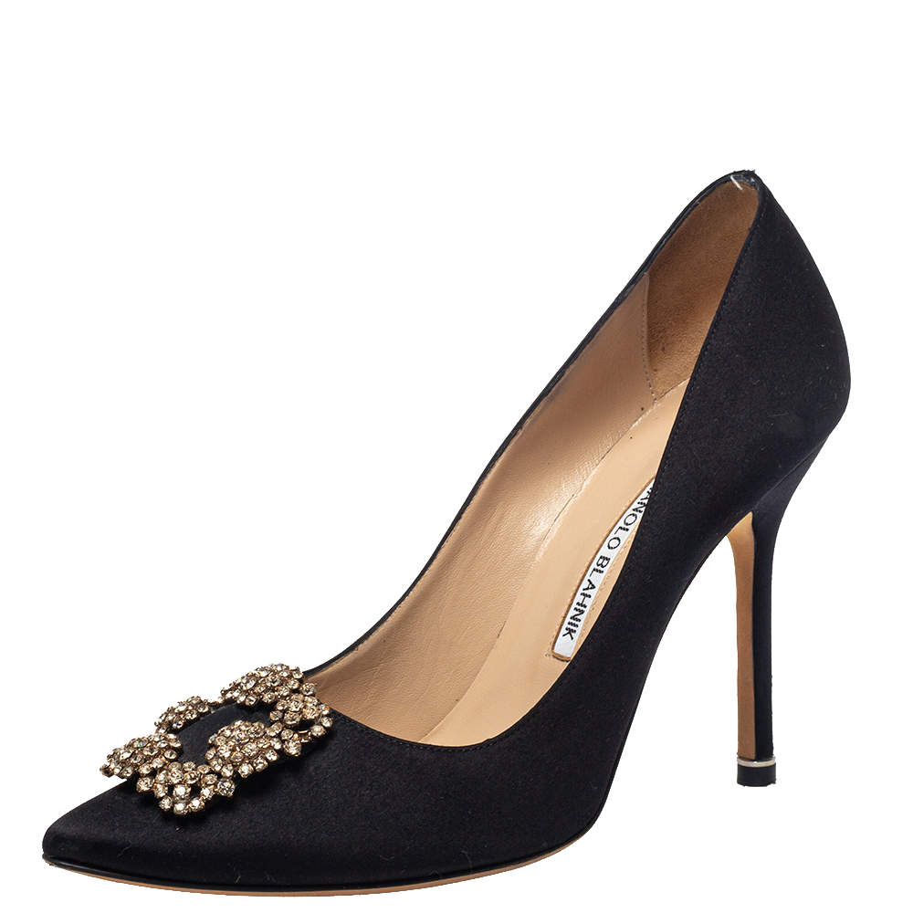 Pre Owned Manolo Blahnik Black Satin Hangisi Embellished Pointed Toe Pumps Size 39