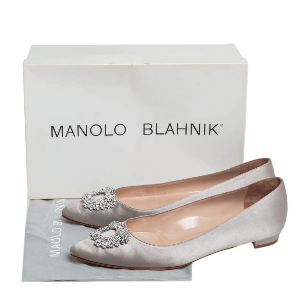 Pre Owned Manolo Blahnik Grey Satin Hangisi Ballet Flats Size 39