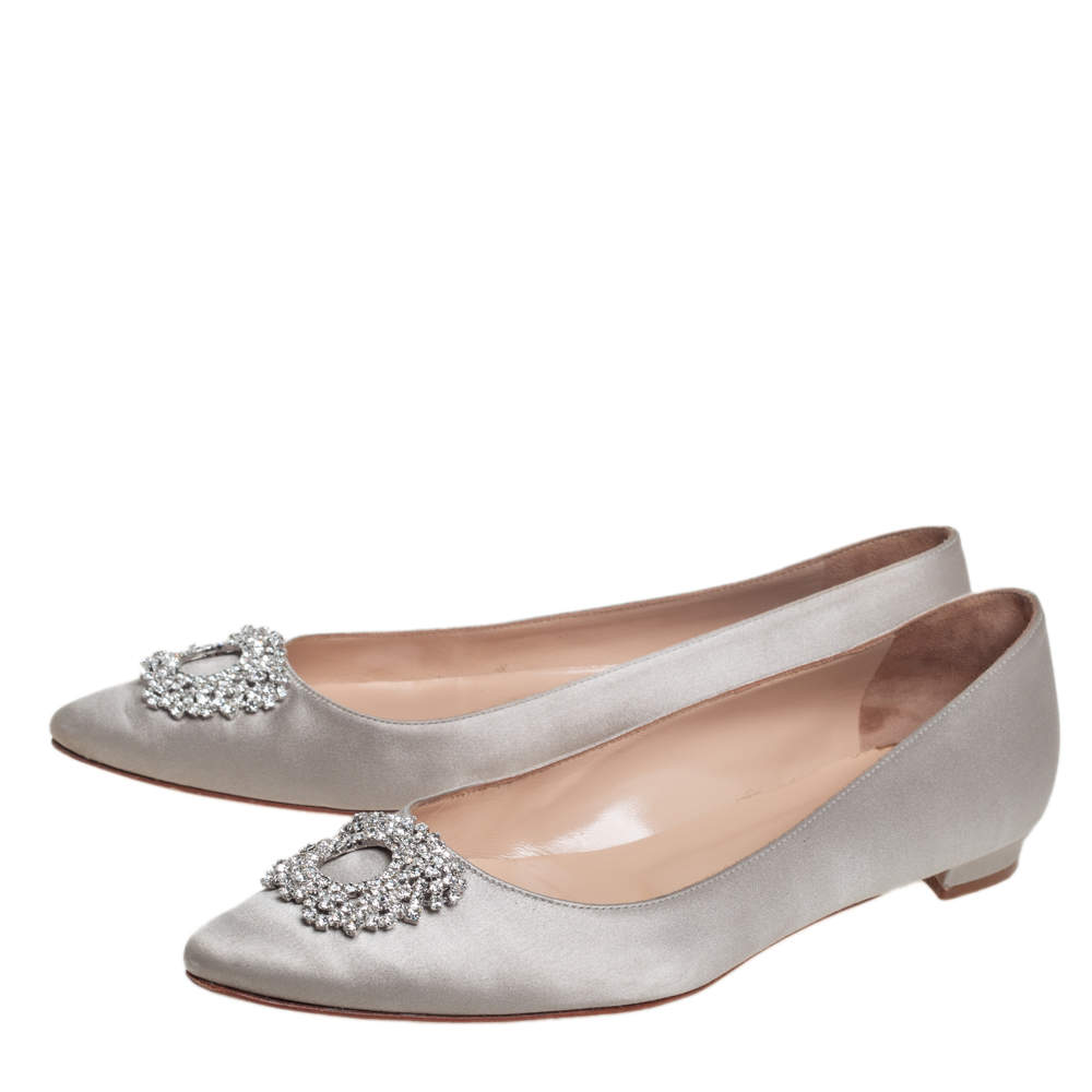 Pre Owned Manolo Blahnik Grey Satin Hangisi Ballet Flats Size 39