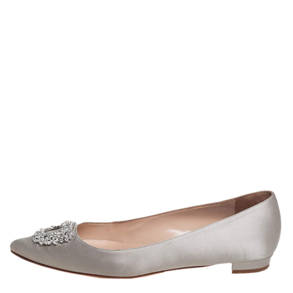 Pre Owned Manolo Blahnik Grey Satin Hangisi Ballet Flats Size 39