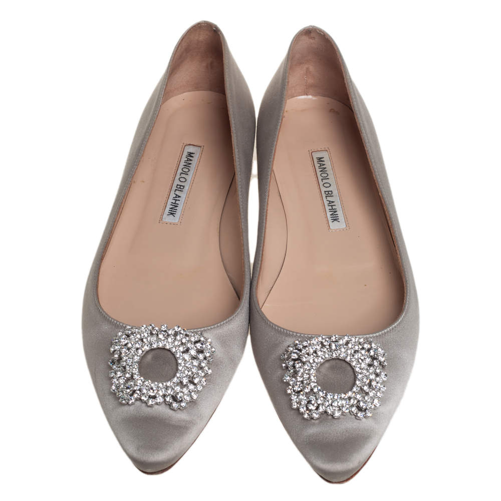 Pre Owned Manolo Blahnik Grey Satin Hangisi Ballet Flats Size 39