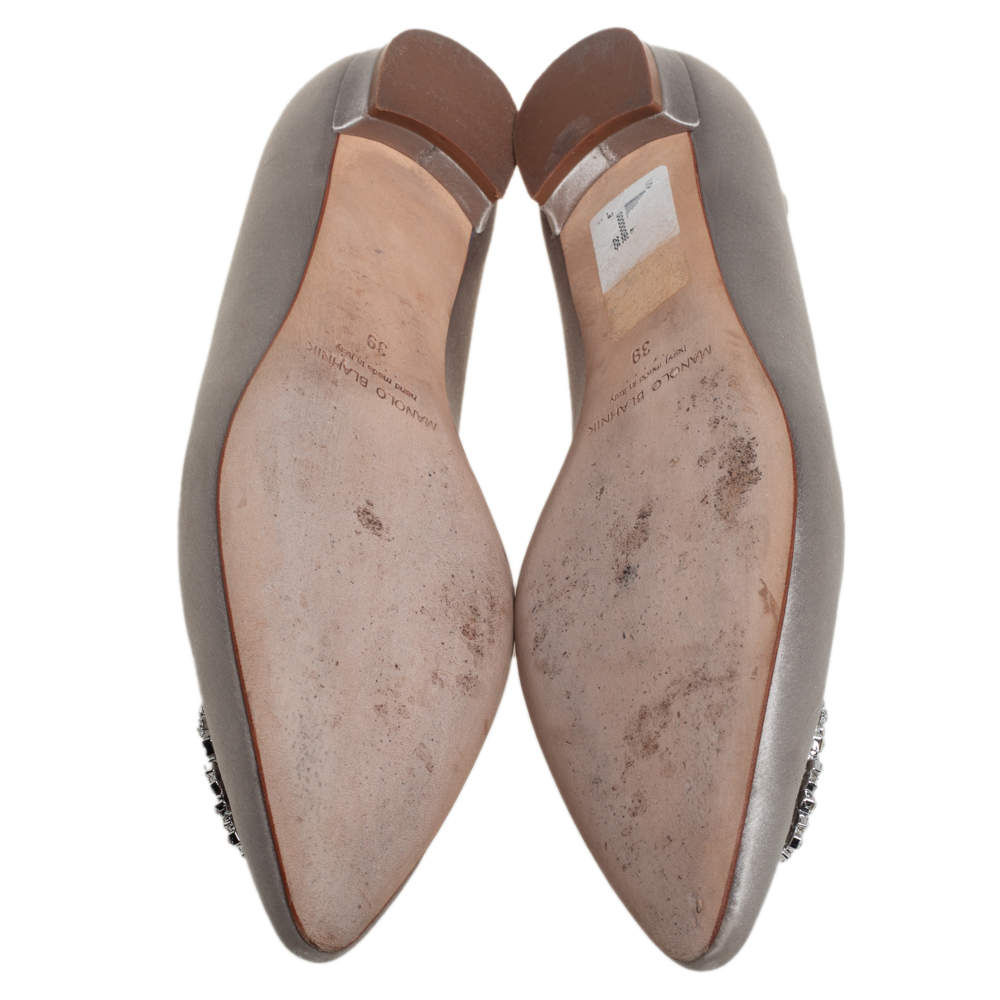 Pre Owned Manolo Blahnik Grey Satin Hangisi Ballet Flats Size 39