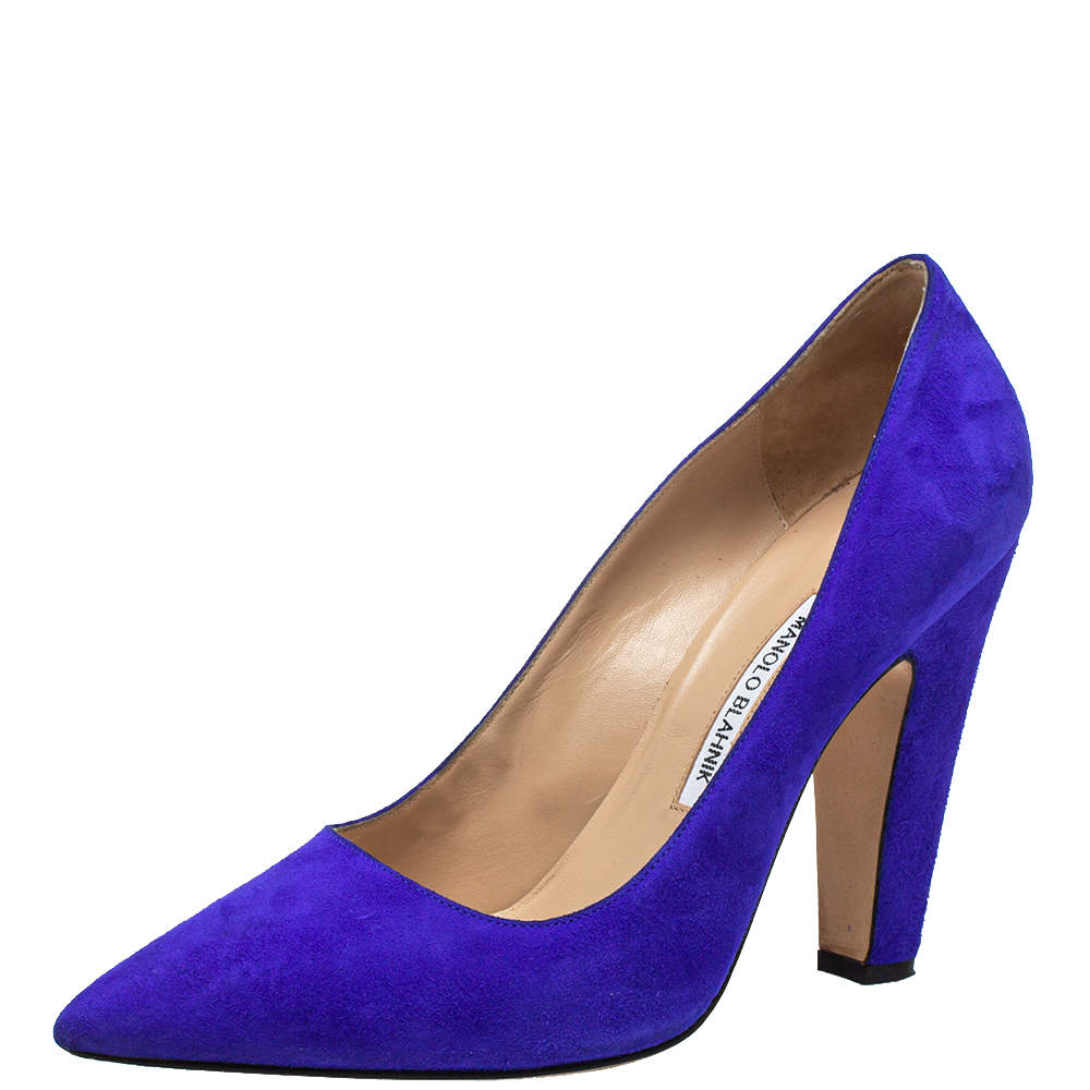 Pre Owned Manolo Blahnik Blue Suede Alba Block Heel Pumps Size 40.5