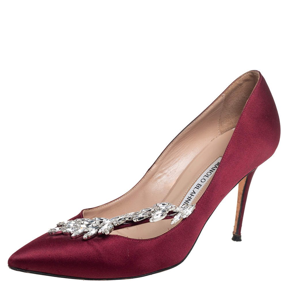 Pre Owned Manolo Blahnik Burgundy Satin Nadira Pointed Toe Pumps Size 38
