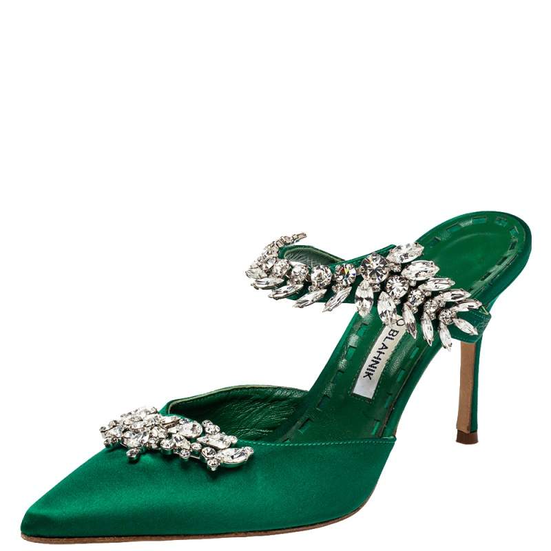 Manolo Blahnik Green Satin Crystal Embellished Lurum Sandals Size 38.5 ...