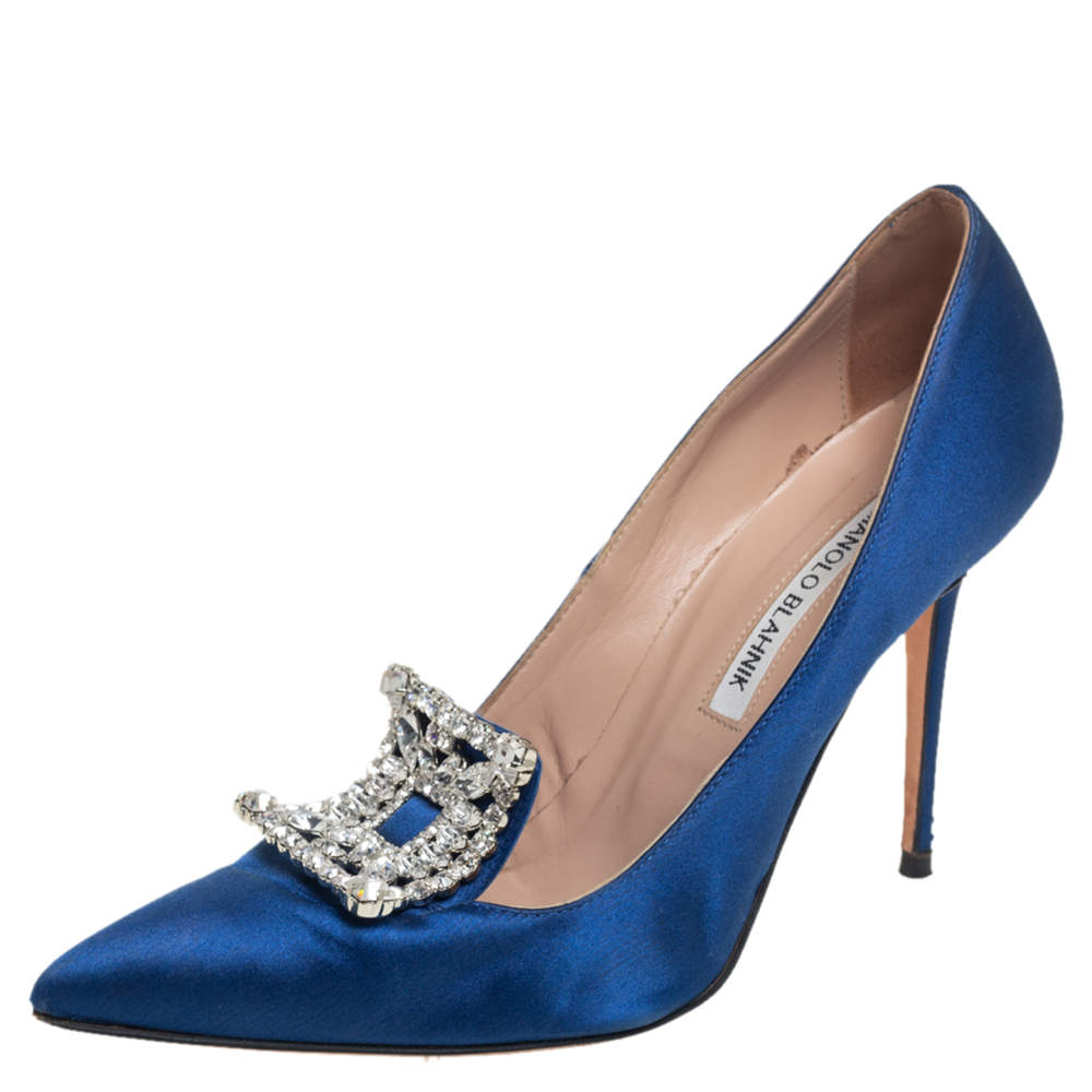 Pre Owned Manolo Blahnik Blue Satin Embellished Pointed Toe Pumps Size 37.5