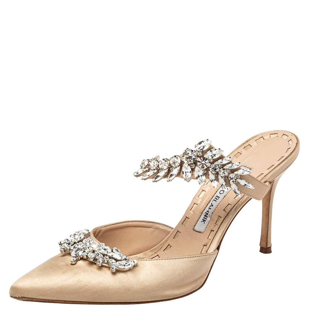 Manolo Blahnik Beige Satin Lurum Pointed Toe Mules Size 39.5