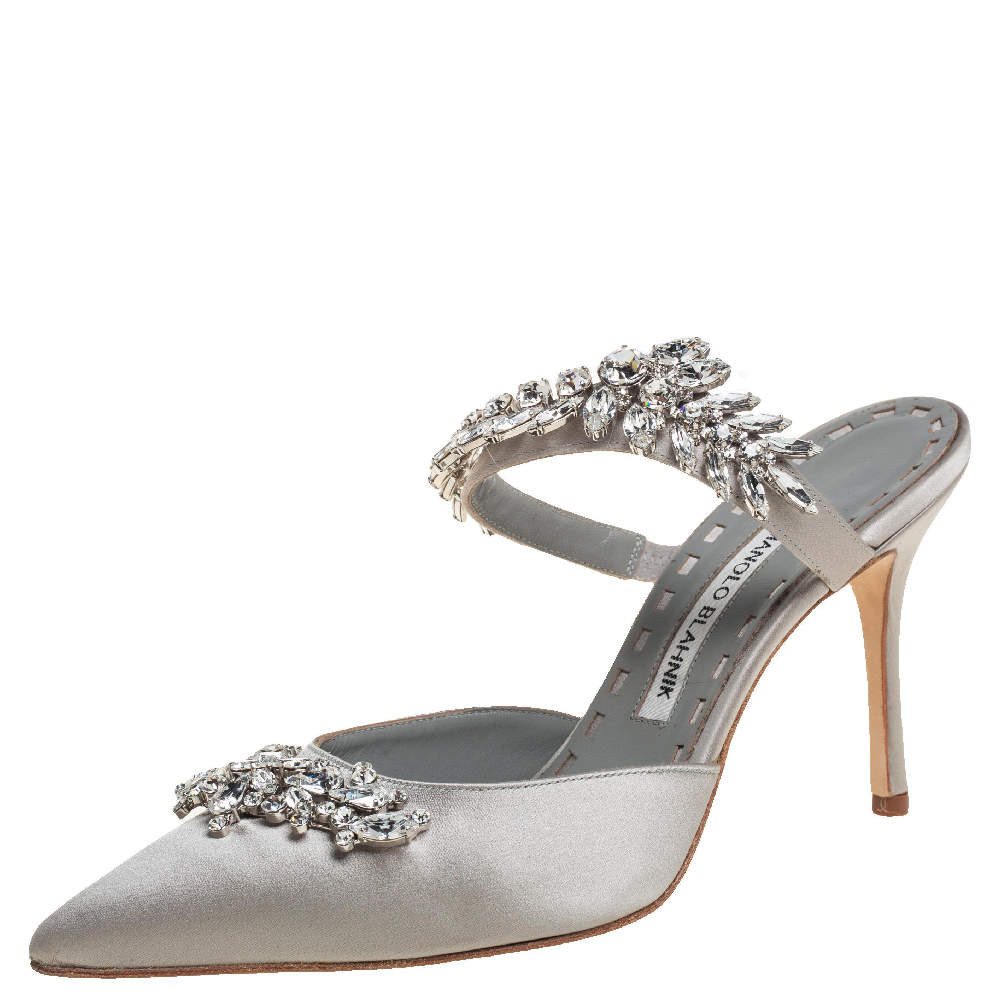 Pre Owned Manolo Blahnik Grey Satin Crystal Embellshed Lurum Sandals Size 38