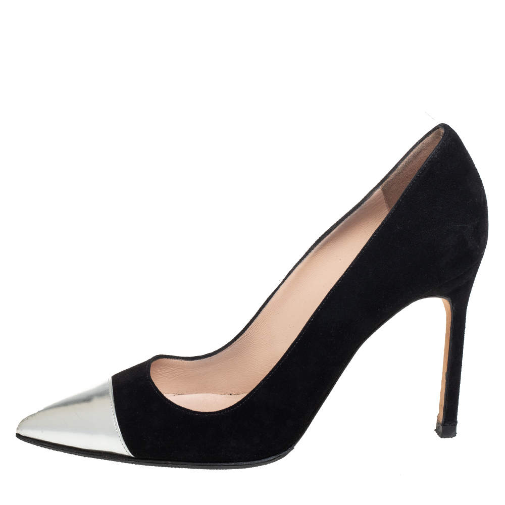 Pre Owned Manolo Blahnik Black Leather, Suede Bipunta  Pumps Size 36.5