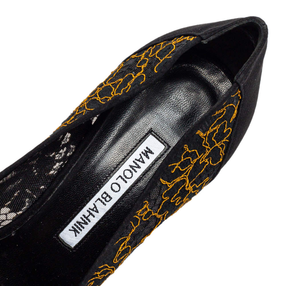 Pre Owned Manolo Blahnik Black Embroidered Mesh And Fabric Hangisi Pumps Size 38.5
